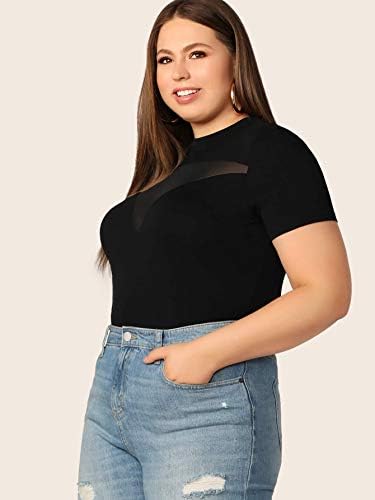 Floerns Women's Plus Size Contrast Mesh Short Sleeve Fitted T-Shirt Top